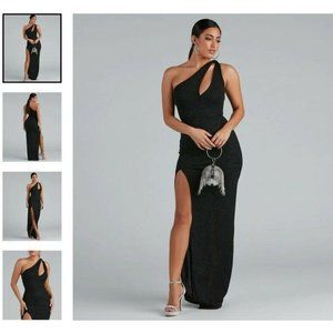 NWT Size XS Black Evette Glitter One-Shoulder Slit Formal Dress